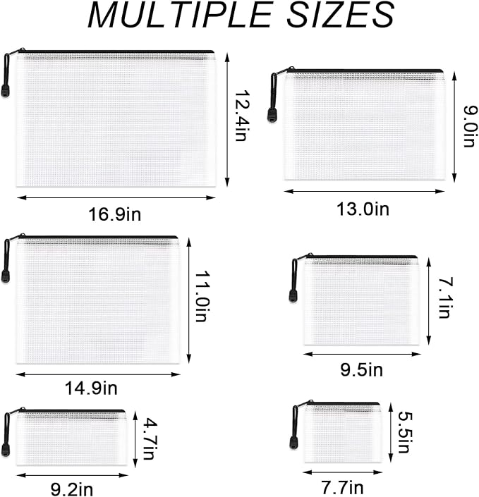Umriox Zipper Bags, 6 Assorted Size (Black, 12 Packs), Project Bags for Cross Stitch, Mesh Zipper Pouch for Office Supplies Travel Accessories and Board Games Storage