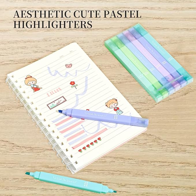 Aesthetic Cute Pastel Highlighters Set, 6 count, Mild Assorted Colors Candy Highlighters, Chisel Tip,No Bleed Bible Marker Pen, Study Journaling School Supplies Planner