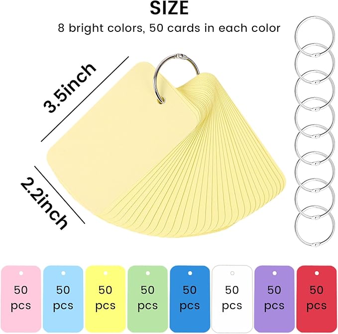 Koogel Blank Index Cards with Ring, 400 Count, 2.2 x 3.5 Inch, Ruled on both Sides, 8 Colors, Waterproof Covers, for School Classroom Supplies, Work Supplies