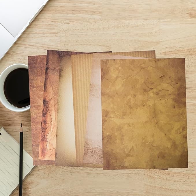 48 Aged Paper -Vintage Letter Papers With Classic Aged Paper Designs- Six Old Looking Styles Perfect for Vintage Letters - Vintage Printing paper, Vintage Writing Paper, 8.5 x 11 inches (Pack of 48)