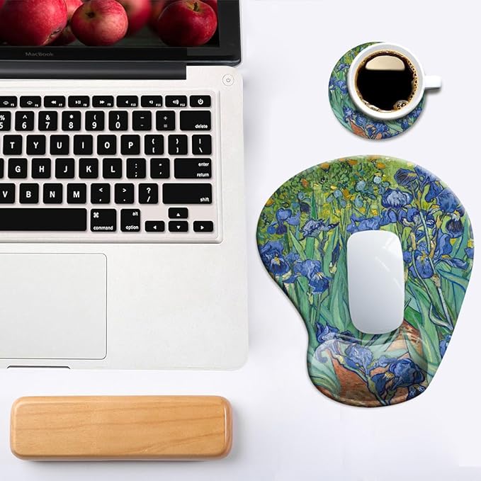 DOOKE Ergonomic Mouse Pad with Wrist Support and Coaster,Mouse Pads with Non-Slip PU Base for Home Office Working Studying Easy Typing & Pain Relief Van Gogh Irises