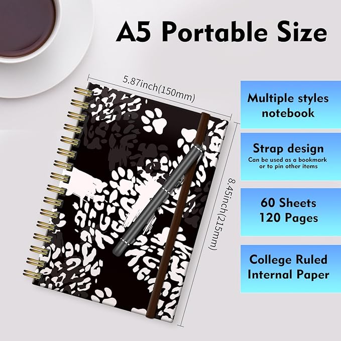 Spiral Journal Notebook, A5 Cute Notebooks for Women Men, College Ruled Hardcover Notebook for Work & Note Taking, 60 Pages Double-Wire Journals for Writing Black White Leopard