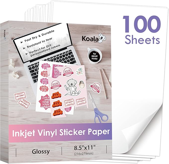 Koala Printable Vinyl Sticker Paper for Inkjet Printers - 100 Sheets Glossy White Water-Resistant Adhesive Label Paper - 8.5x11 Inch, Tear-Resistant, Removable