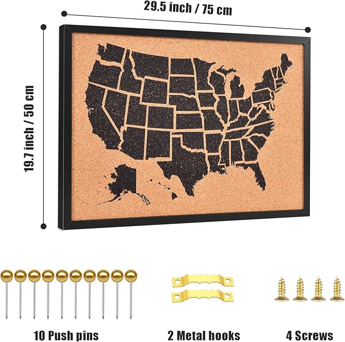 Cork Board Map of The United State, Approx.20" X 30" Bulletin Boards for Walls with 10 Pins, Travel Tracker Map for Office, School and Home (US-MAP-5075)