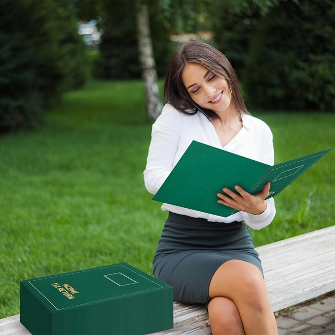 Kisston 50 Pcs Tax Return Folders Bulk 2 Pocket Gold Foil Stamped Income Tax Folders with Blank Labels Business File Office Organizer (Green)