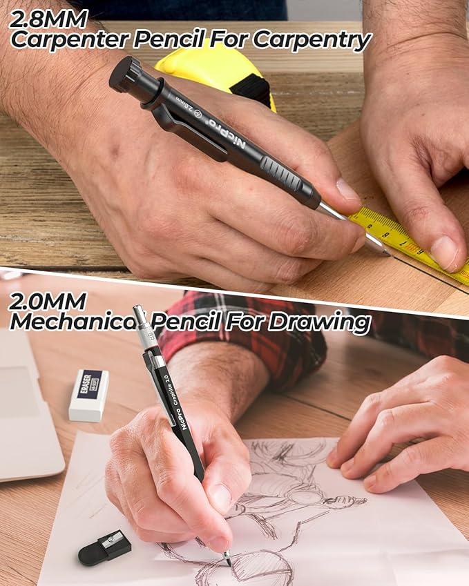 Nicpro 18 Pack Carpenter Pencils Mechanical, Construction Pencils with 60 Refill, Automatic Center Punch and Carbide Scribe Tool, 2.0mm Mechanical Pencil for Woodworking, Best Carpenters Marking Tool
