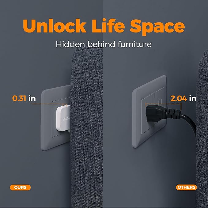 Power Strip with Surge Protection, TESSAN Flat Plug Extension Cord with 8 Outlets 3 USB Ports(1 USB C), 1080J Wall-Mounted Charging Station for Apartment Office School Dorm Room Essentials