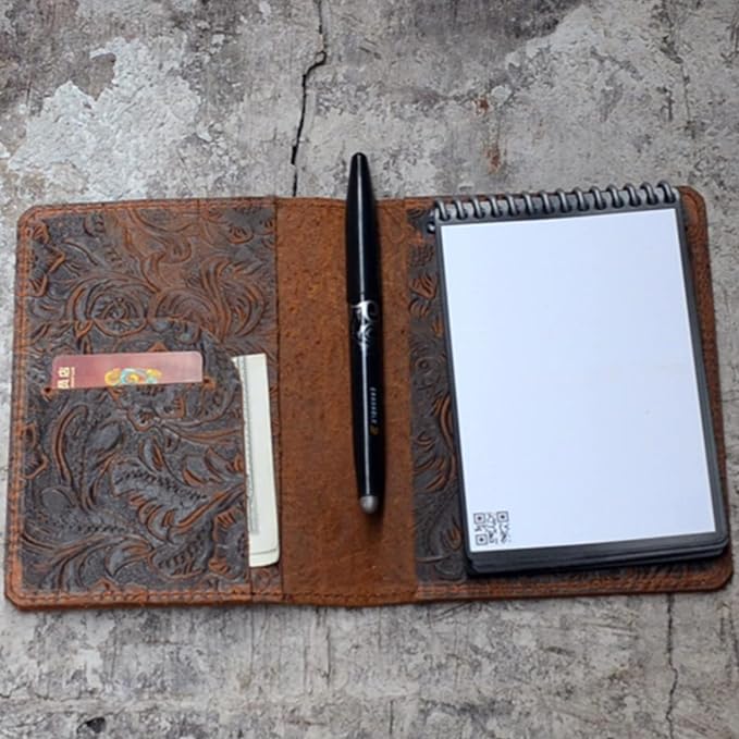 JJNUSA Compatible with Rocketbook Mini Cover Smart Business Handmade Distressed Genuine Leather Journal Notebook Cover for Card Holder Mini 3.5" x 5.5" Flower