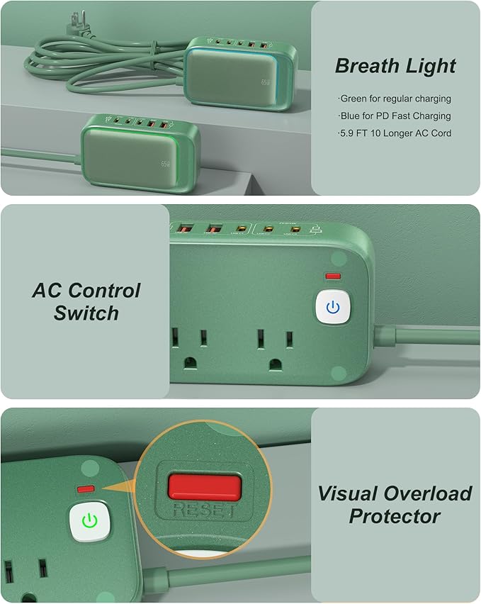 Surge Protector Power Strip with USB Ports, 7-in-1 65W Desktop Charging Station Outlet Extender with 2 AC Outlets, 3 USB-C and 2 USB-A Ports for Laptop/Phone and More