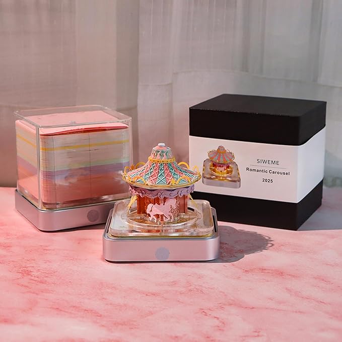 Time Piece Calendar,3D Art Calendar Memo Pad 2025 Creative Desk Calendar with Light,Carousel Rip Away Paper Carving 3D Memo Pad Art Notepad Christmas Gift