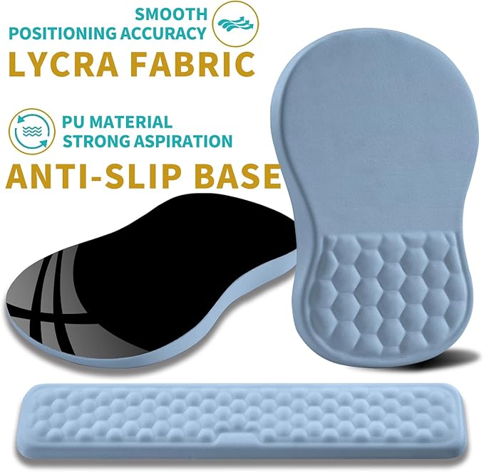 Hokafenle 2 in 1 Ergonomic Mouse Pad Wrist Support & Wrist Rest for Computer Keyboard Set, with Relieve Carpal Tunnel Pain Massage Bulge and Full Memory Gel Design (2In1 Set, Lake Blue)