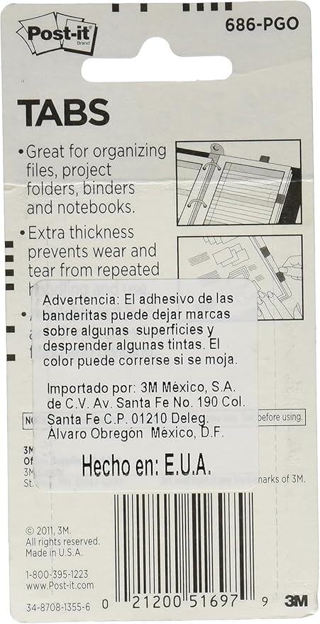 Post-it Tabs, 22/Color, 66/Dispenser, 1 in Wide, Pink, Green, Orange (686-PGO)