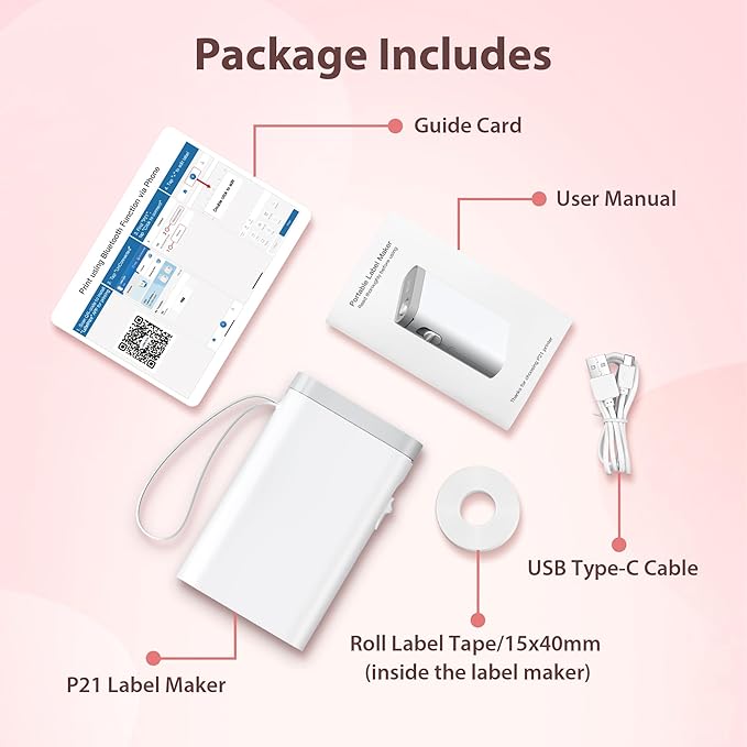 P21 Label Maker Machine with Tape, Bluetooth Label Printer Thermal Mini Label Makers with Built-in Cutter and Multiple Templates, Portable Printers for School, Office, Home Use (White)