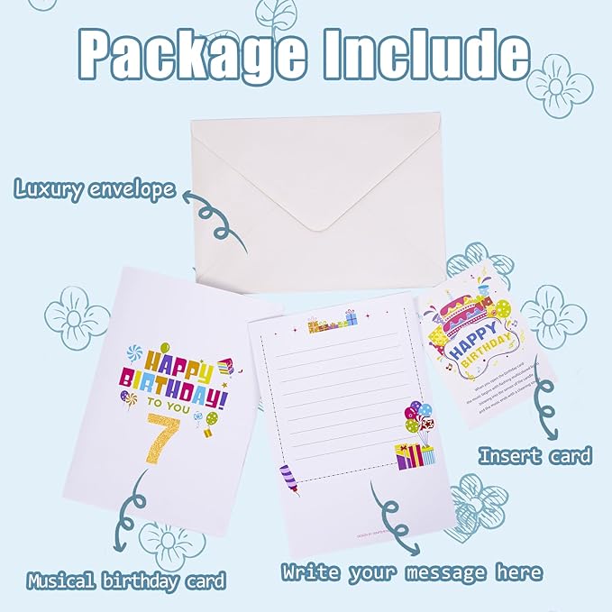Gumry 7TH Musical Birthday PopUp Card, Blowable Colorful Light Candle 3D Cards with Song, Applause Cheers Sound, Greeting Cards Birthday Gifts Decorations for Daughter Son Turning 7 Years Old
