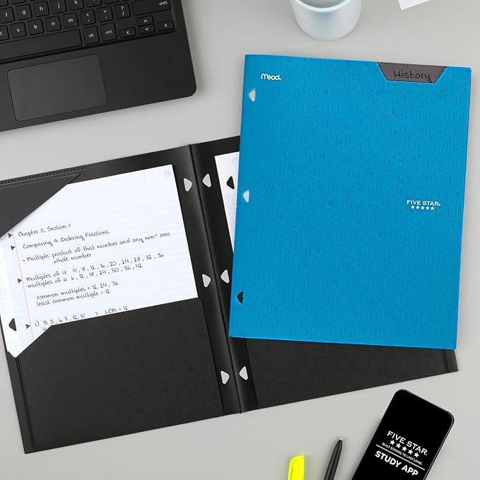 Five Star 2-Pocket Folder, Plastic Folder with Stay-Put Tabs, Fits 3 Ring Binder, Holds 8-1/2" x 11" Paper, Blue (333420H-ECM)