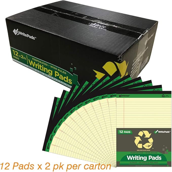 KAISA Legal Pads Writing Pads Recycled Paper, Wide Ruled 8.5"x11.75" Perforated 50 Sheets Notepads 8-1/2"x 11-3/4" Writed Pad, Canary 24Pads, KSU-5668