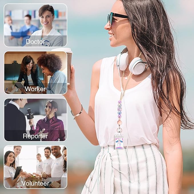 6 in 2 Set Retractable Lanyard for ID Badges, Teacher Lanyard with Badge Holders Beaded Cute Lanyards for ID Badges Keys Teacher Appreciation Gifts Office Gift for Coworkers