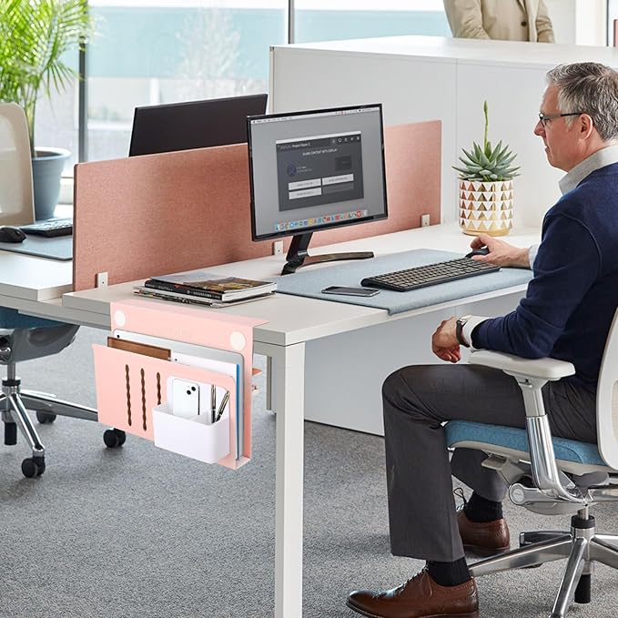 LUKETURE Desk Side Storage, Steel Side Desk Organizer, No Drill Laptop Holder, Clamp on Laptop Mount with Pen Holder, Table Hanging Storage for Home Office, Fits Flat Edge Tables 0.3" to 2.8"