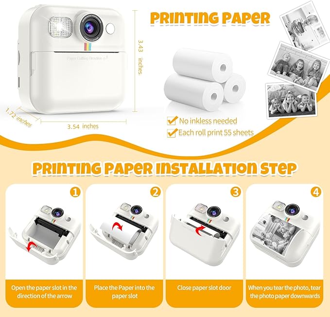 Kids Instant Print Camera for Girls Age 3-8, Toddler Travel Selfie Video Camera Toys with Color Pens (White)