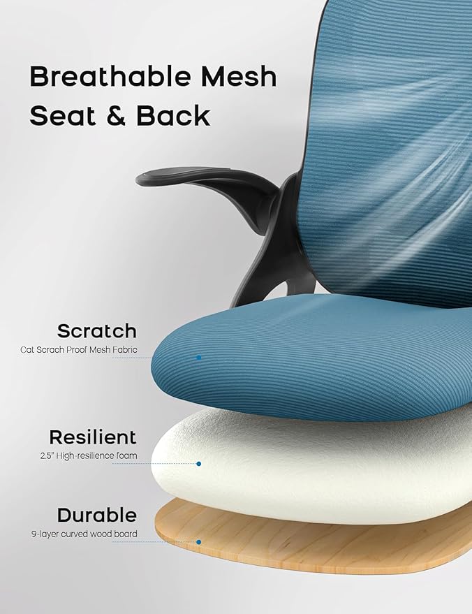 Mesh Office Chair Ergonomic Desk Chair with Up&Down Front&Rear 2 Dimensions Adjustable Lumbar Support and Flip-up Arm Rocking Comfy Swivel Computer Task Chair for Home Office(Black-Blue)