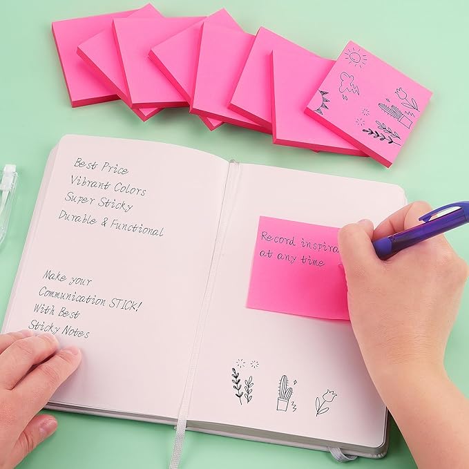 Sticky Notes 3x3 Self-Stick Notes Bright Colors Sticky Notes 8 Pads 80 Sheet/Pad (Rose Red)