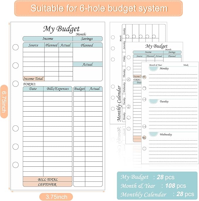 164 Sheets 6 Hole Budget System Refill 37.4 x 66.93 Inch Classic Weekly Monthly A6 Planner Inserts Personal Double Sided 6 Ring Planner Refill for Binder Cover Budgeting Envelope Wallet Bill Saving