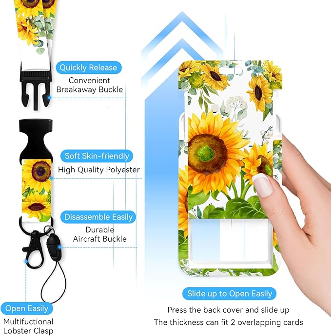 Sunflower Badge Holder with Retractable Reel and Breakaway Lanyard,Badge Clips Retractable Heavy Duty Badge Reel,Funny Keychain,ID Holder with Breakaway Lanyard for School Nurse Office Teen