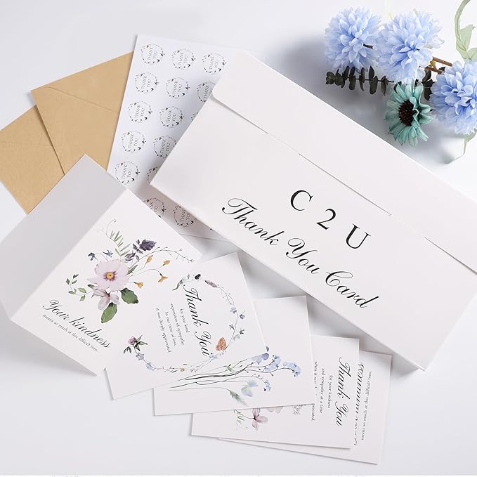 C2U Funeral Thank You Cards with Envelopes(50 Pack 4"x6"),Stickers & Message Inside - Wildflower Bereavement Sympathy Thank You Cards for Funeral Family Friends Loved Ones