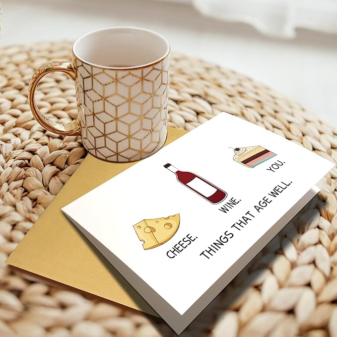 Hilarious Birthday Card for Men Women, Funny Getting Older Birthday Card for Him Her, Cute Cheese and Wine Birthday Card, Things Better With Age Bday Card