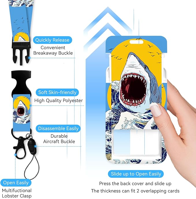 Shark Badge Holder with Retractable Reel and Breakaway Lanyard,Badge Clips Retractable Heavy Duty Badge Reel,Funny Keychain,ID Holder with Breakaway Lanyard for School Nurse Office Teen