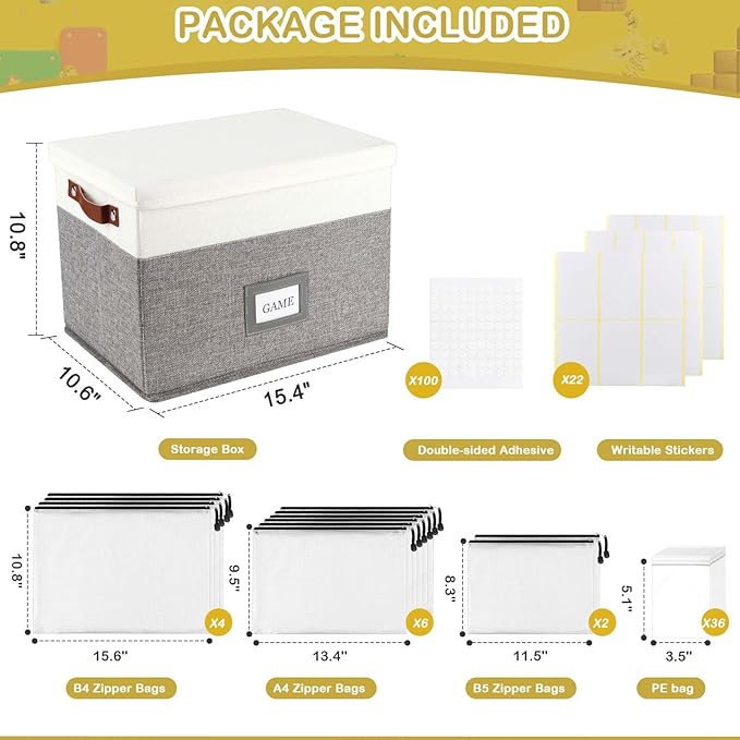 Board Game Storage, Board Game Organizer with 12pcs Zipper Bags and Writable Stickers, Board Game Organizers Storage with Lid for Office Supplies, Puzzles, Video Game, Craft Product,2-Pack