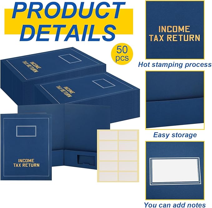 Kisston 50 Pcs Tax Return Folders Bulk 2 Pocket Gold Foil Stamped Income Tax Folders with Blank Labels Business File Office Organizer (Blue)