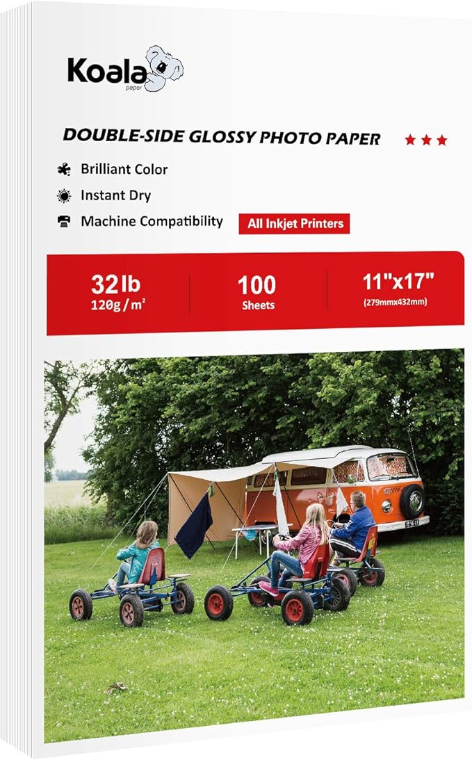 Koala Double Side Thin Glossy Photo Paper 11x17 Inches 120gsm 100 Sheets Compatible with Inkjet Printer and Dye Ink 32LB