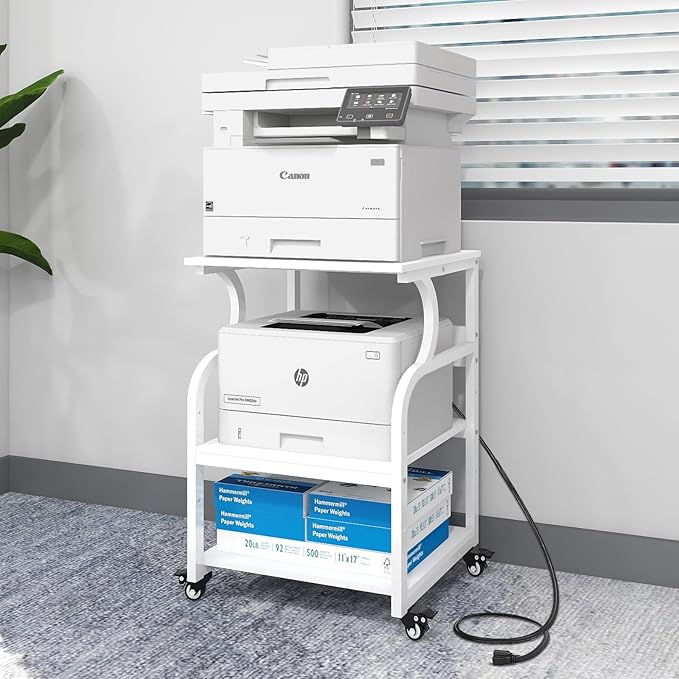 Natwind Large Printer Stand,24''x20''x29''Printer Table with Adjustable Storage Shelf,3 Tier Rolling Printer Cart with Wheels,Home Office Multifunctional Shelves for Heat Press,3D Printer (White)