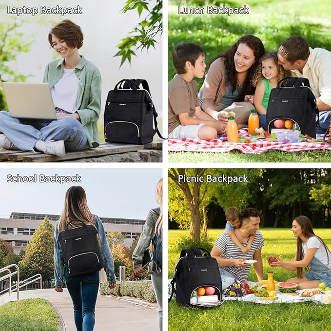 OIWAS Lunch Backpack for Women, 15.6 inch Laptop Backpack Insulated with USB Port, Work Backpack with Insulated Cooler Lunch Bag for Men Travel Work Travel Picnics Hiking, Black