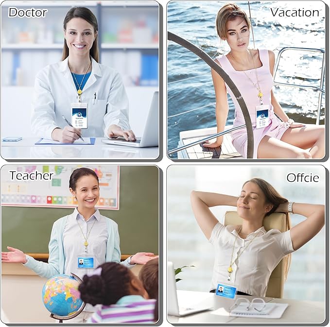 Outus 2 Pieces Badge Lanyard with ID Holders Stainless Steel Badge Holders Necklace Retractable Reel Clip Chain Water Resistant Name(Gold)