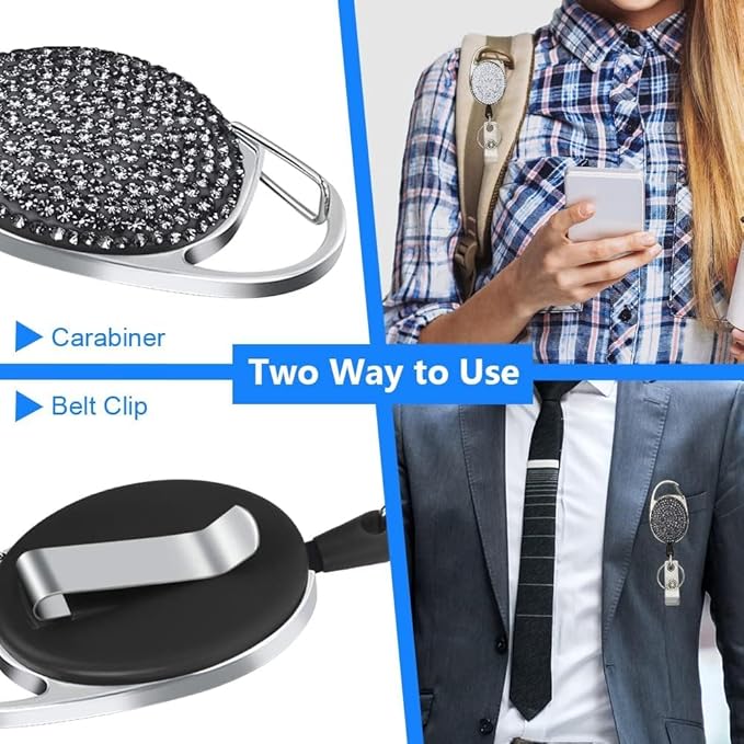 VIQWYIC Retractable ID Badge Holder with Clip, ID Name Badge Reels with Bling Rhinestones Retractable Card Holder for Office Worker Teacher Doctor Nurse (Light Black)