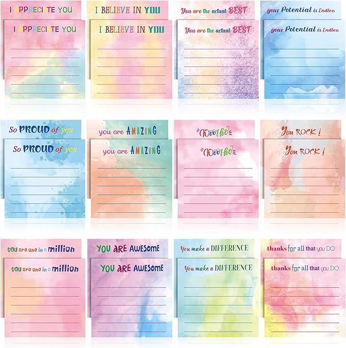 Yinder 24 Pcs Employee Appreciation Sticky Notes Thank You Gifts Bulk Note Pads with Sayings Teacher Gift Mini Pocket Inspirational Notepads for Coworker Office Supply 3 x 3''(Watercolor,Thanks)