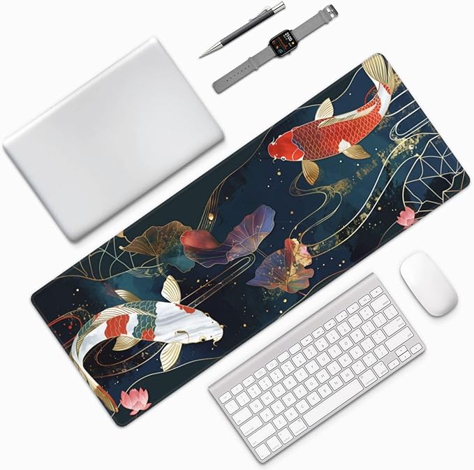 Gaming Mouse Pad Desk Pad,Extended Big Mouse Pad,31.5x11.8 Inch Long Computer Keyboard Mouse Mat Mousepad with 3mm Non-Slip Base and Stitched Edge for Gaming and Office… (koi)