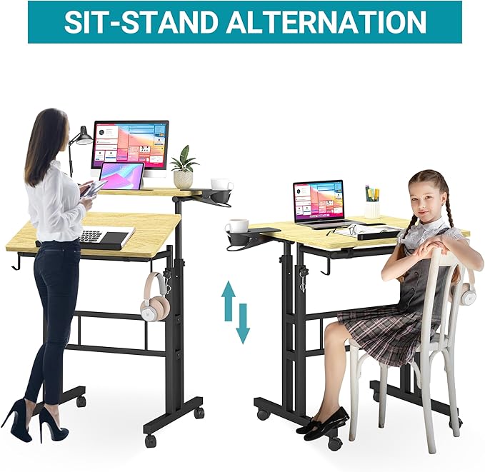 Klvied Stand Up Desk on Wheels, Portable Computer Desk for Home Office,Rolling Desk for Laptop with Removable Cup Holder, Adjustable Laptop Cart for Standing or Sitting,Natural