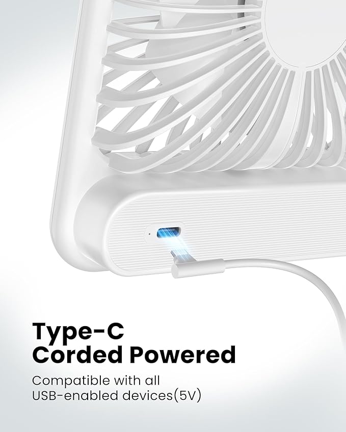 Koonie USB Desk Fan, Strong Wind Ultra Quiet Small Personal Fan with 180° Tilt Folding and 3 Speeds Adjustable, USB-C Corded Powered Mini USB Fan for Office Desktop Bedroom White