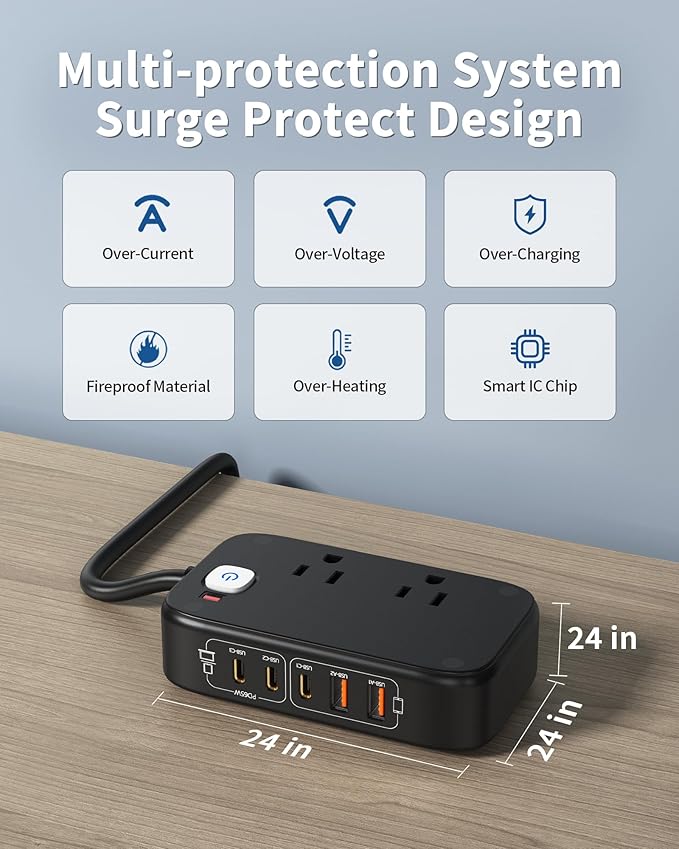 USB C Power Strip 65W, Outlet Extender with 2 AC Ports, 3 USB-C Ports, 2 USB-A Ports, Surge Protector GaN USB Charger Station for Laptop/Phone and More