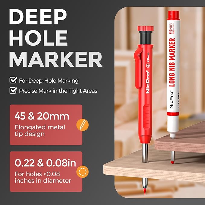 Nicpro 2 Pack CP1000 Carpenter Pencil with Sharpener, Mechanical Carpenter Pencils with 26 Refills, Deep Hole Long Nib Marker Pens for Construction, Heavy Duty Woodworking Pencil for Architect Marking