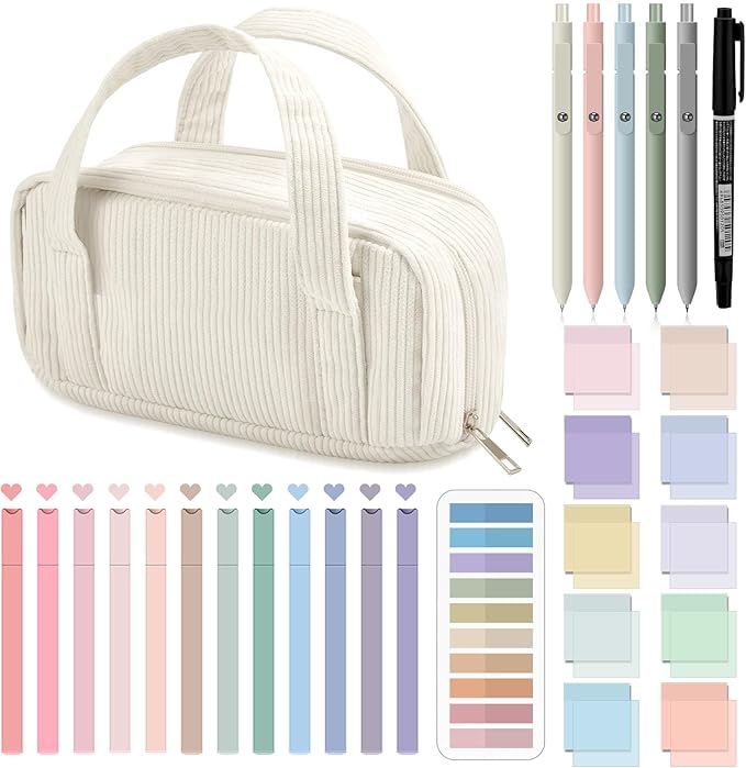 Jutom 39 Pcs Aesthetic Book Annotation Kit Pencil Case Bag with Highlighter Gel Pen 700 Sheets Transparent Sticky Notes Pads Index Tab Bible Study Supplies for School(White,Classic Style)