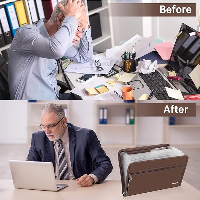 ENGPOW Accordion File Organizer,Fireproof 13 Pockets Expanding File Folder,Document Organizer Folder with Zipper&Labels,Portable Home Travel Safe Storage for Letter A4 Files and More,Brown