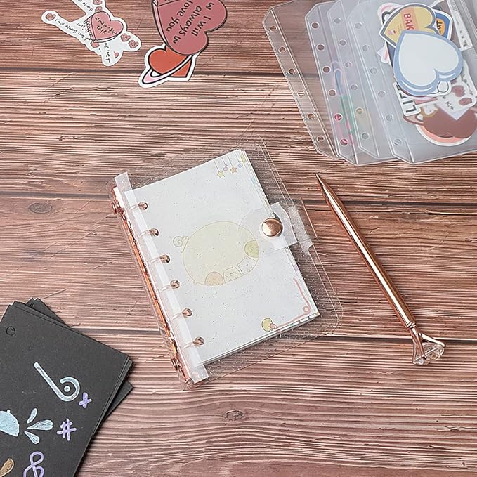 Glitter Powder PVC Binder Cover 6 Round Ring Binders Snap Button Closure Loose Leaf Folders Refillable Soft PVC Notebook Shell Protector (Rose Gold 6 Rings, A7 Binder)