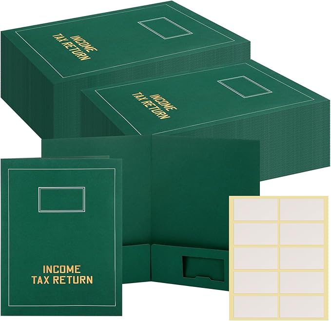 Kisston 50 Pcs Tax Return Folders Bulk 2 Pocket Gold Foil Stamped Income Tax Folders with Blank Labels Business File Office Organizer (Green)