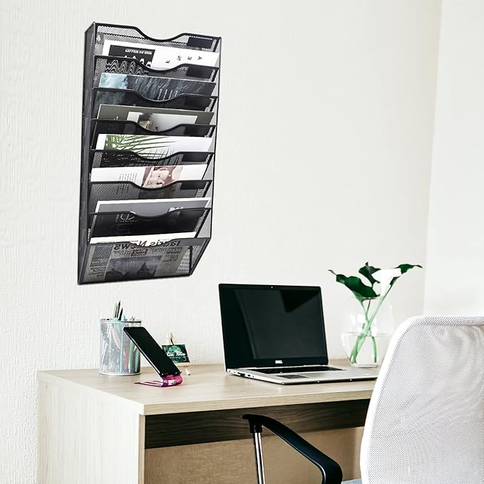 EASEPRES 8 Pockets Mesh Wall File Holder Organizer Office Hanging Magazine Rack, Black