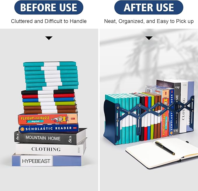 2PCS Adjustable Bookends, Metal Book Ends for Heavy Book, 2 Dividers, Nonslip Book Stander for Desk, Shelf, Office, Stationery Gift, Extends up to 19 inches (Blue)