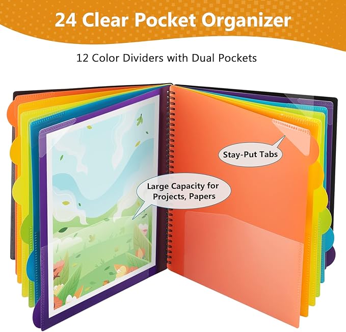 KTRIO 24 Pocket Poly Project Organizer, Spiral Binder Organizer Multi Pocket Folder with Dividers, Back Cover Utility Pouch, Letter Size School Supplies